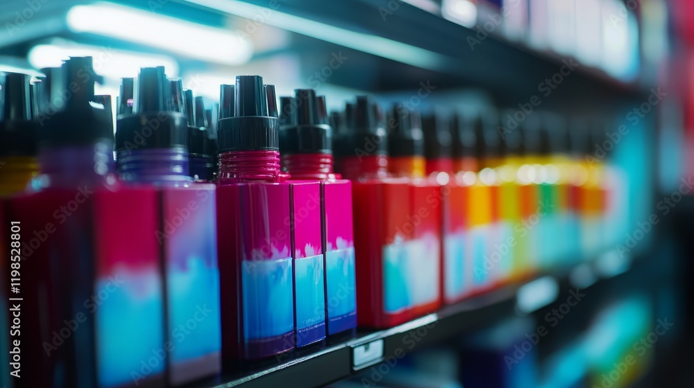 Poster close-up of the ink system in a large format inkjet printer, showcasing the vibrant ink cartridges a