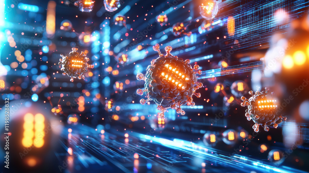 Poster High tech image of nanobots transporting nutrients digital environment, showcasing advanced technology and intricate designs. vibrant colors and dynamic movement evoke sense of innovation and