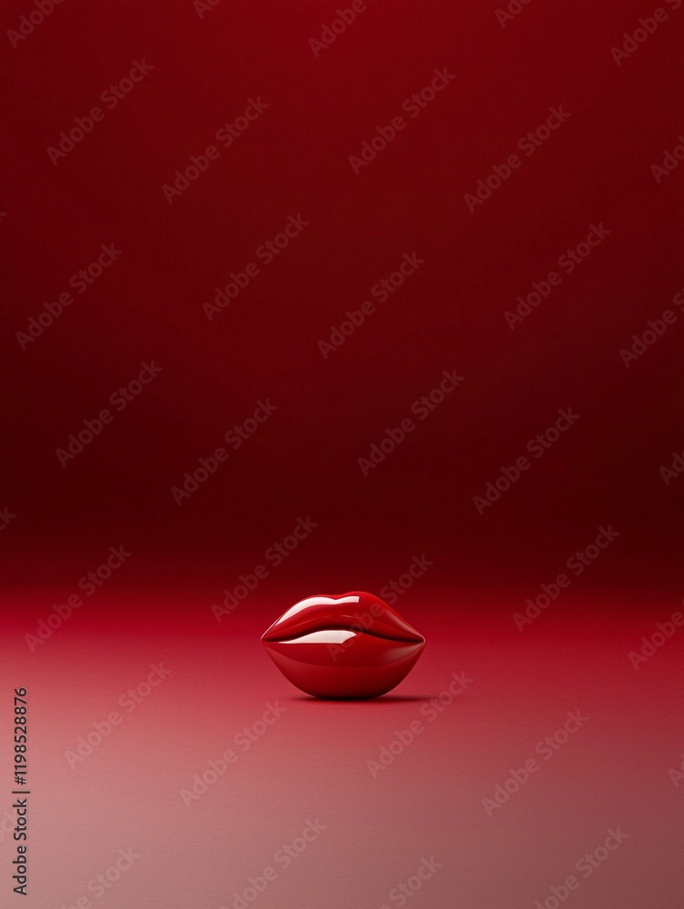 Poster a single kiss mark surrounded by soft, glowing light on a deep red gradient background, creating a r