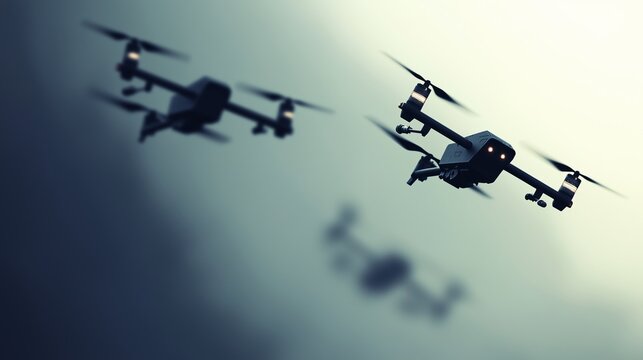 Two small drones with weapons. Futuristic military technology. in the sky. Background is blurry. Minimalist design.