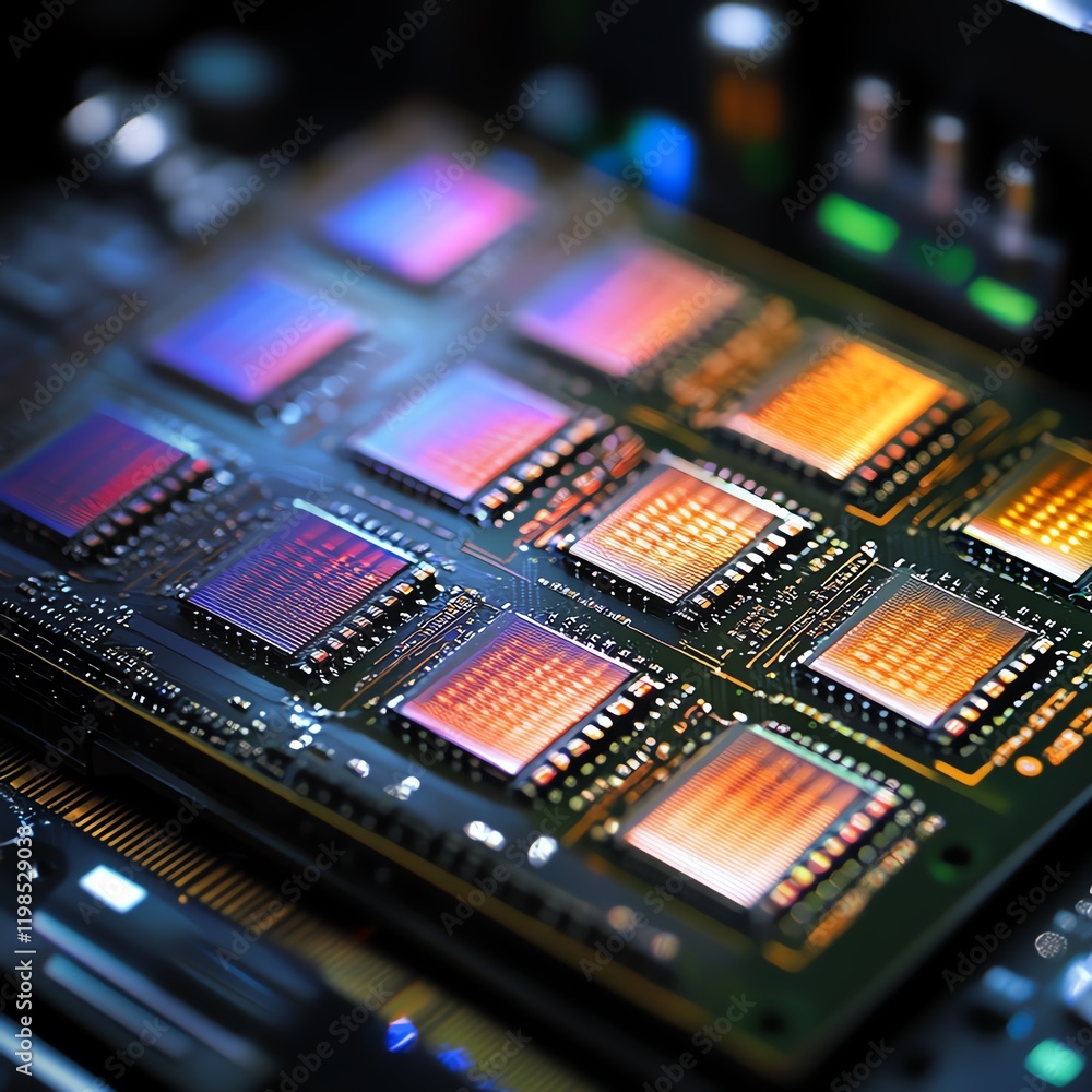Poster complex arrangement of microchips on a printed circuit board showcasing advanced technology in elect