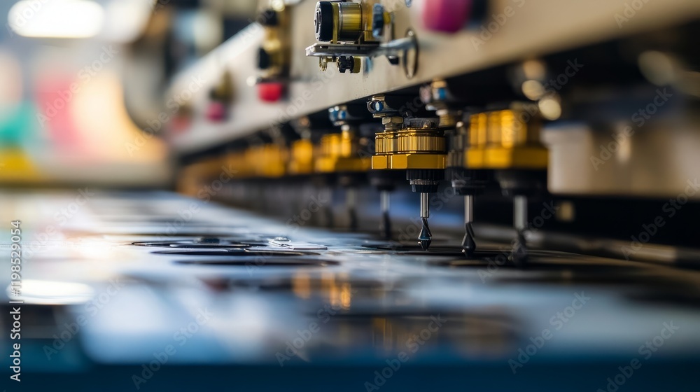 Poster close-up view of the nozzle array in a large format printer, capturing the intricate details and eng