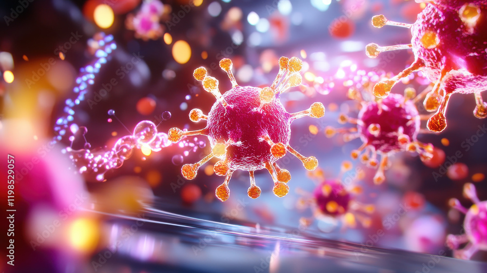 Poster High tech image of nanobots transporting nutrients at microscopic level, showcasing vibrant colors and intricate details of cellular structures