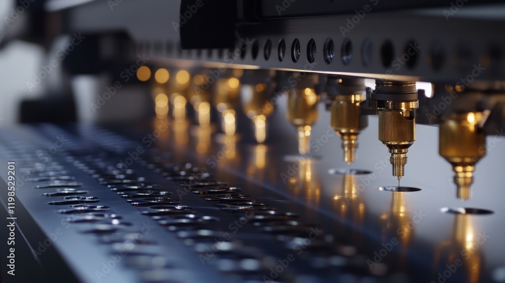 Poster close-up view of the nozzle array in a large format printer, capturing the intricate details and eng