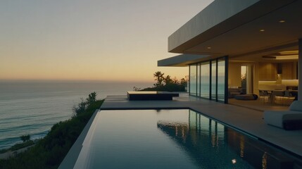 Fototapeta premium Sunset Luxury Villa with Infinity Pool and Ocean View