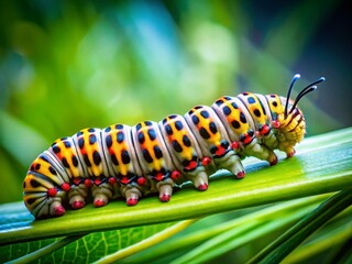 Close-up of a Vibrant Green Caterpillar on a Leaf - Stock Photo