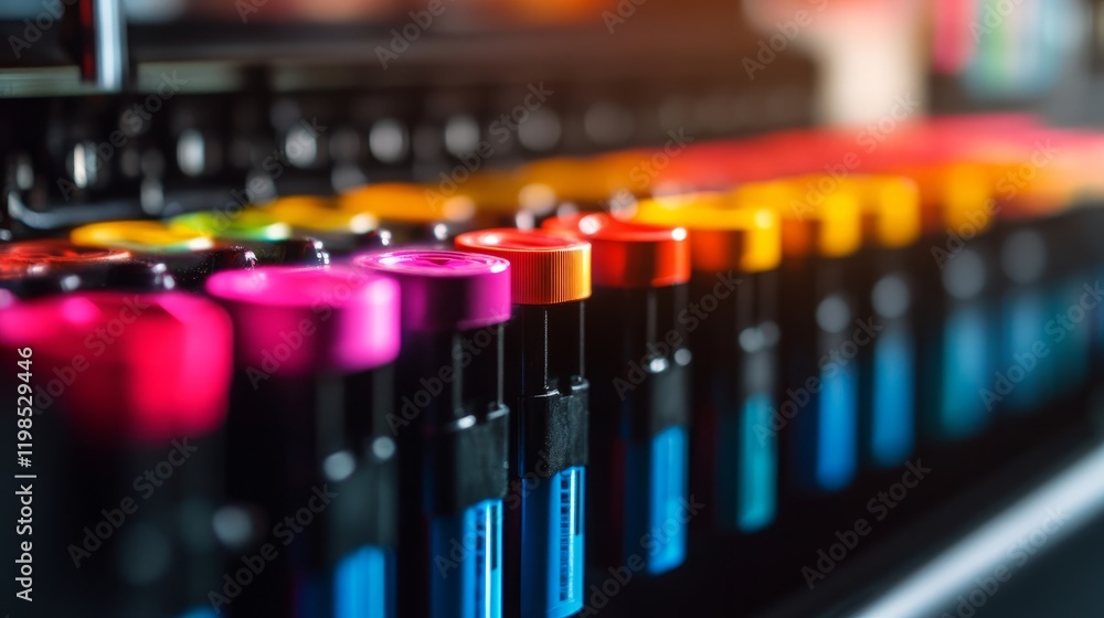 Poster detailed macro view of the ink cartridges being installed in a large format printer, showcasing the 