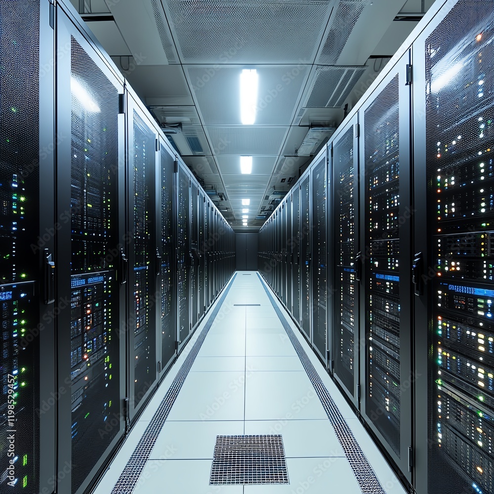 Aufkleber data center corridor illuminated by overhead lights showcasing server racks in a modern technology f