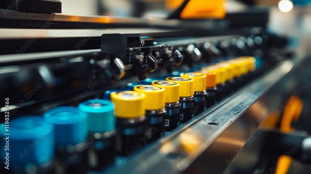 Poster detailed macro view of the ink cartridges being installed in a large format printer, showcasing the 