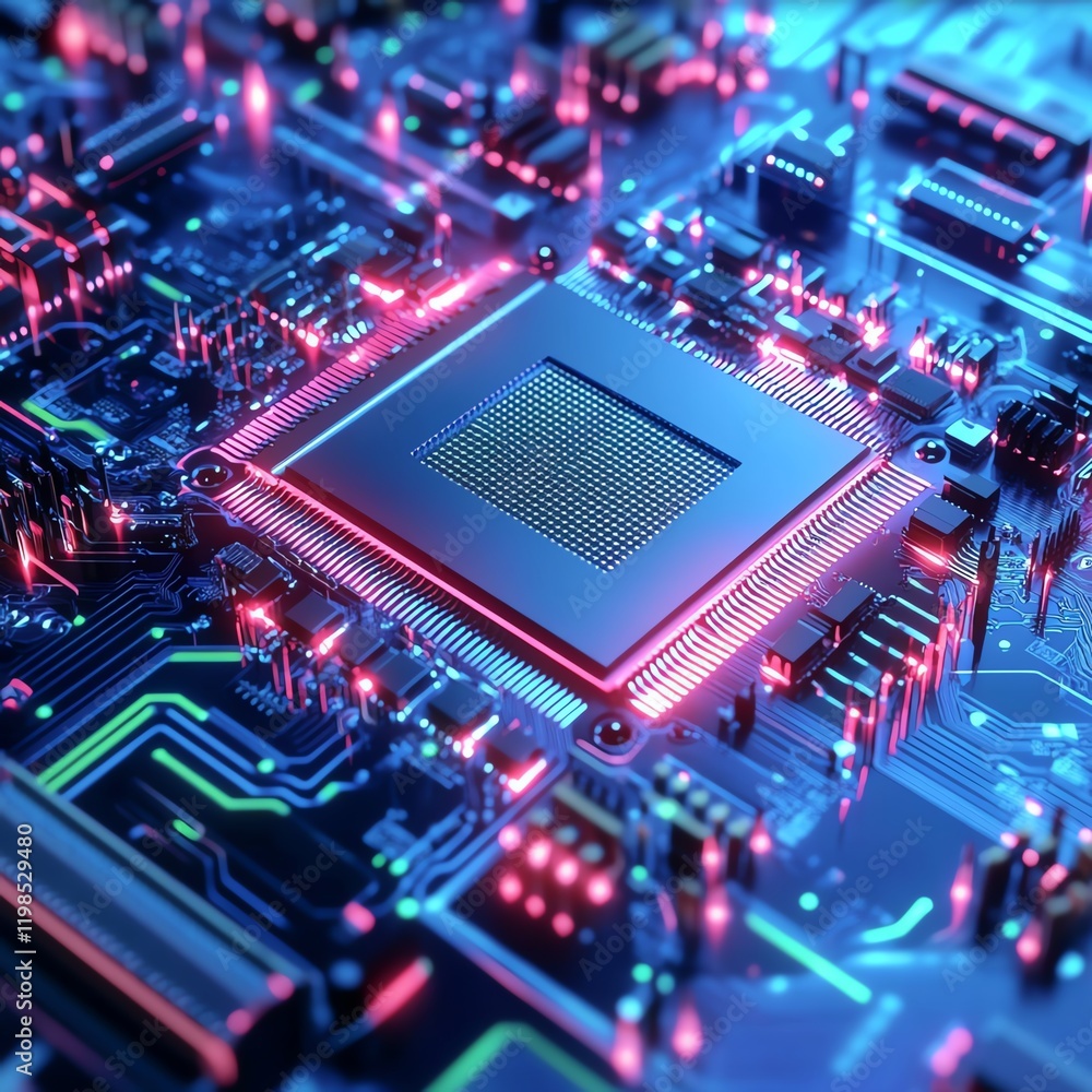 Poster close up view of a futuristic microprocessor with glowing circuit board in high-tech setting