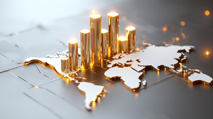 modern artistic depiction of global economic growth with golden bar graphs on world map, symbolizing financial progress and investment opportunities