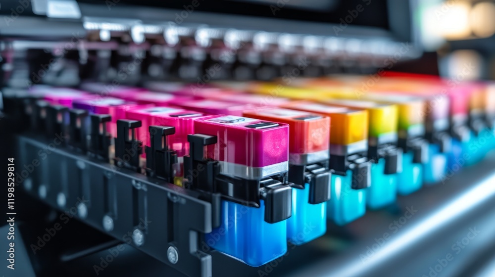 Poster high-resolution close-up of ink cartridges being loaded into a large format printer, capturing the v