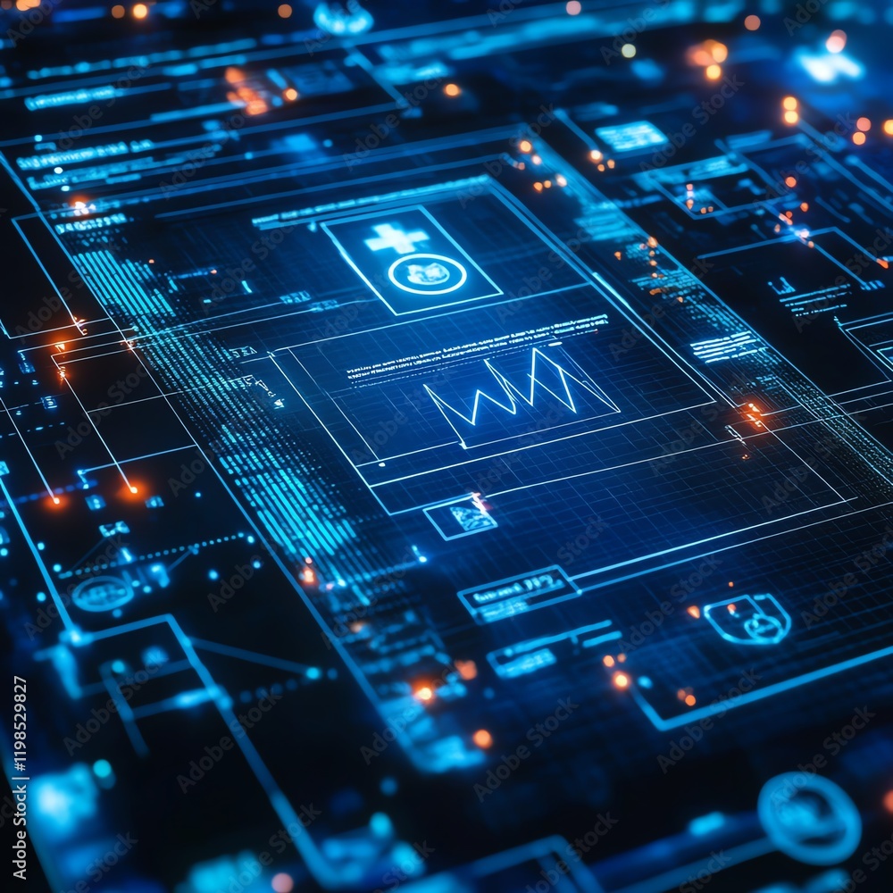 Poster modern digital interface displaying health data and analytics in a futuristic workspace environment