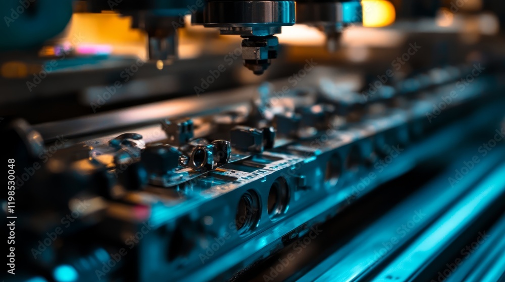 Poster macro image of the print head mechanism in a large format printer, focusing on the intricate nozzle 