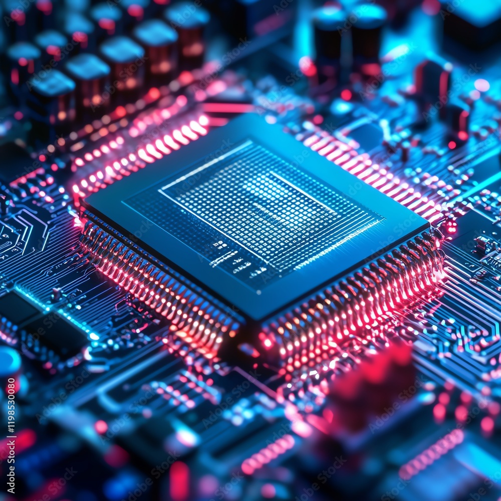 Poster close-up view of a modern microchip with vibrant colors and intricate circuitry during evening light