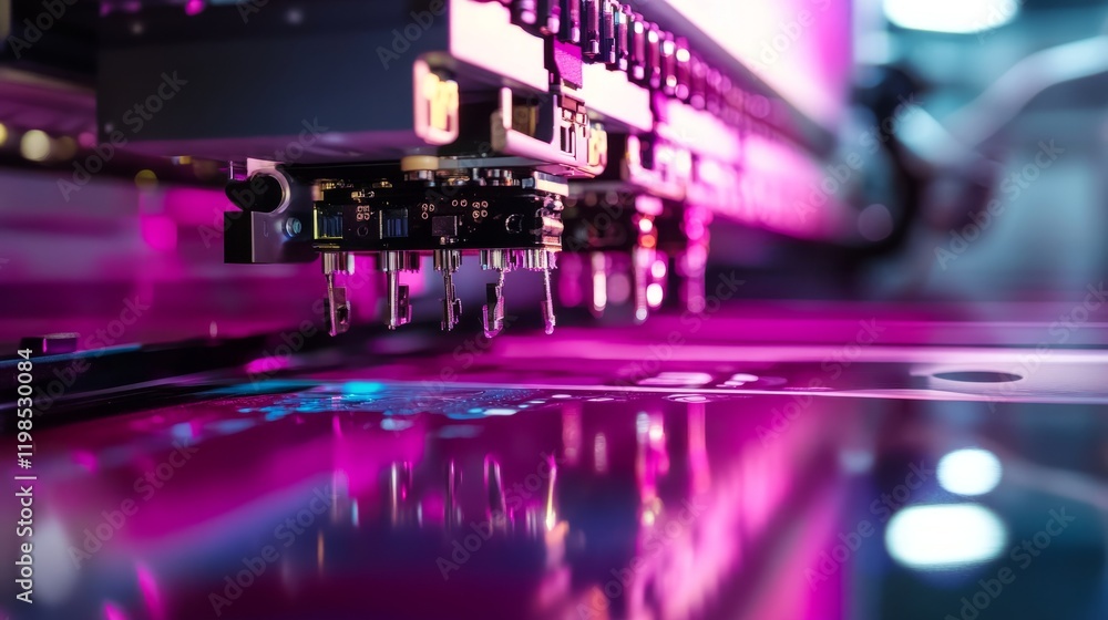 Poster macro image of the print head mechanism in a large format printer, focusing on the intricate nozzle 
