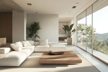 Fototapeta premium Modern living room minimalist design gray sectional sofa wooden coffee table floor lamp pendant lights