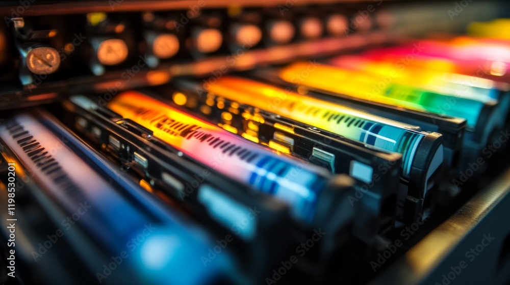 Poster macro photograph of the ink cartridges inside a large format printer, highlighting the color-coding 