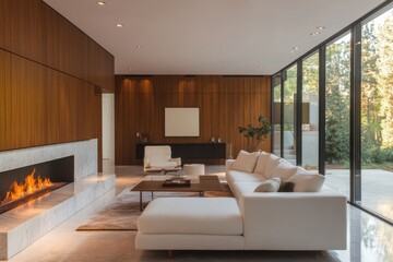 Modern living room, minimalist design, neutral color palette, white sofa, wooden panel walls