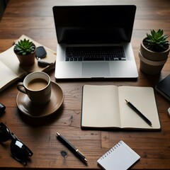 Working Table with Laptop and Coffe Minimalist Workspace