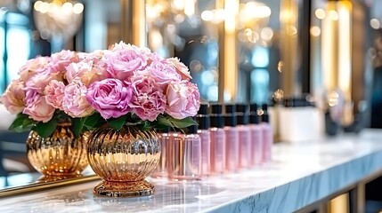 Fototapeta premium Elegant floral arrangement with perfume bottles luxury spa photography indoor close-up beauty aesthetics
