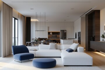 Fototapeta premium Modern living room minimalist design, white sofa cozy ambiance, neutral tones wooden coffee table