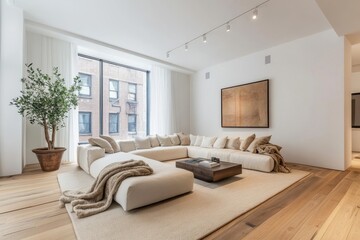 Fototapeta premium Modern living room minimalist design white sectional sofa cozy throw blankets