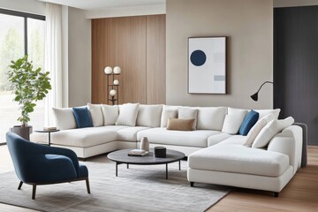 Modern living room minimalist design, white sofa cozy ambiance, neutral tones wooden coffee table