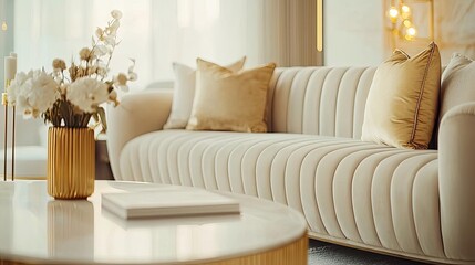 Living room interior idea. Stylish living room with a cozy sofa, decorative pillows, and a chic coffee table.