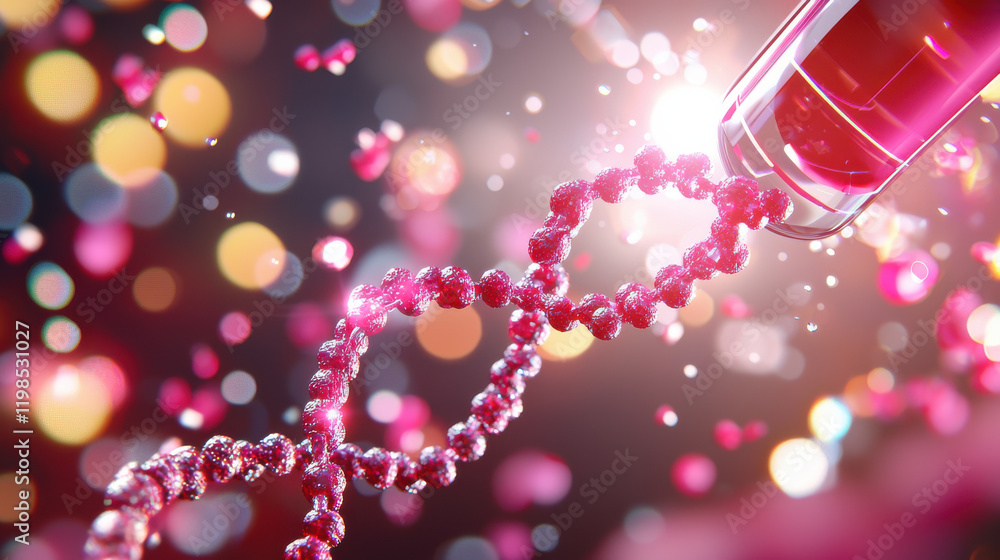 Poster vibrant portrayal of nanotechnology showcasing dna strand with test tube, symbolizing advanced scien