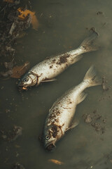 Fototapeta premium Dead fish floating in the water, from water contaminated with chemicals in ponds and lakes..