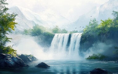 Fototapeta premium Majestic Waterfall Cascading into Tranquil Mountain Lake with Snowy Peaks and Lush Greenery.