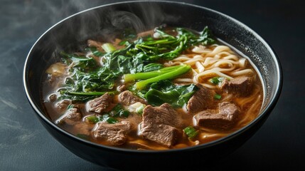 Delicious beef soup on a bowl with black background