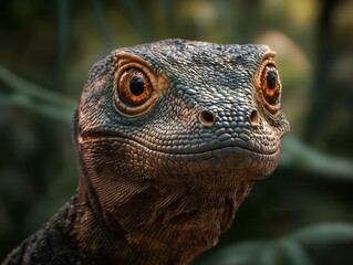 A captivating close-up shot of a lizard, showcasing its intricate scales and expressive eyes. The image captures the reptile's curious gaze in stunning detail.