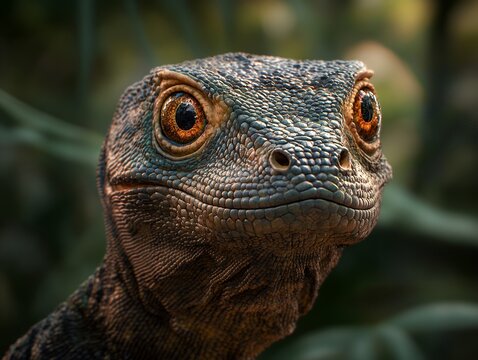 A captivating close-up shot of a lizard, showcasing its intricate scales and expressive eyes. The image captures the reptile's curious gaze in stunning detail.