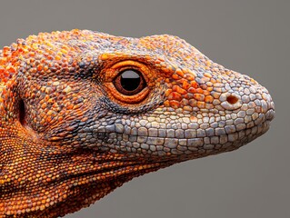 A detailed close-up of a lizard's head, showcasing its vibrant orange and gray scales and intricate texture.