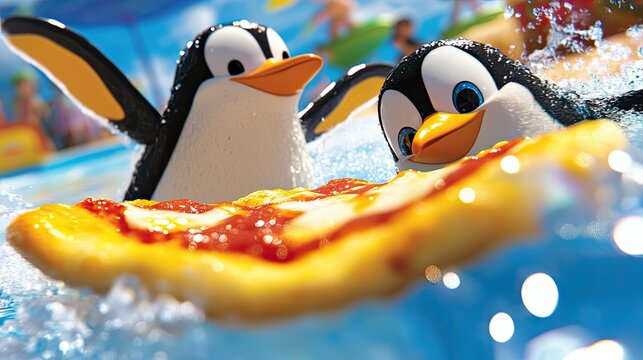 Two Cheerful Penguins Enjoying Pizza in a Pool
