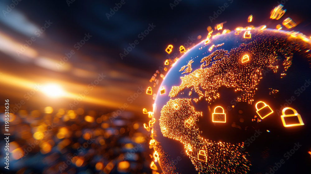 Poster visually striking image of glowing globe with digital locks, symbolizing global security and connectivity. sunset adds dramatic backdrop to this captivating scene