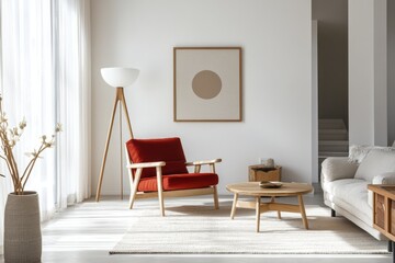 Modern minimalist interior bright natural light wooden furniture red armchair white walls