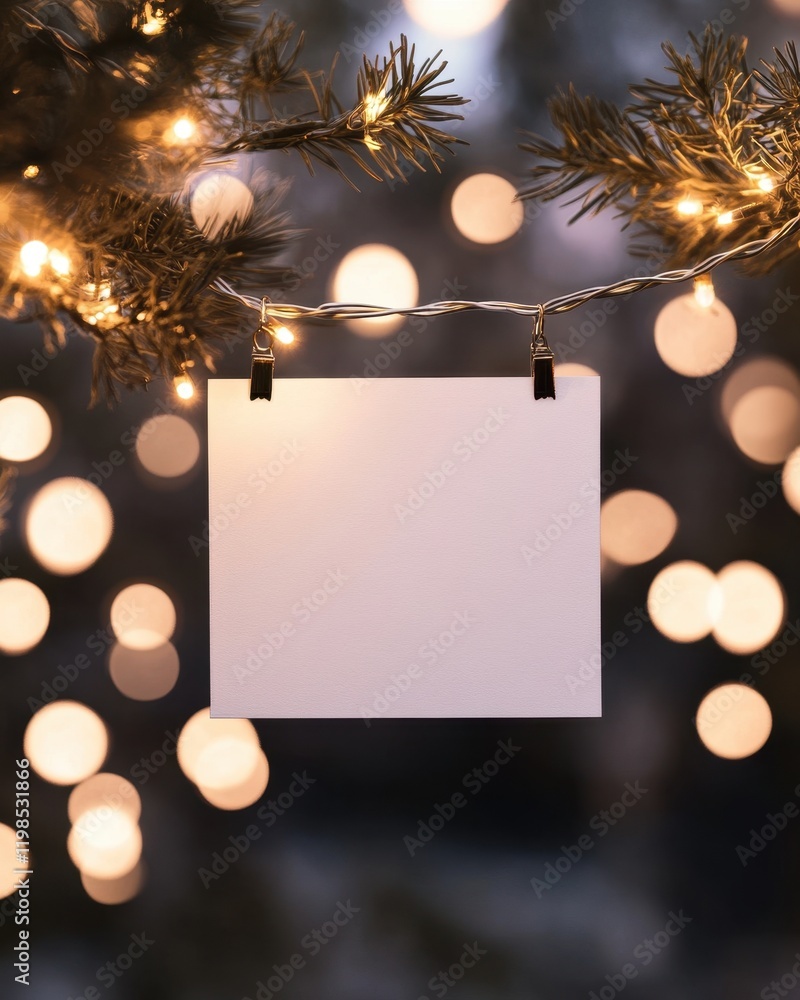 Aufkleber blank card hanging on a string of christmas lights with blurred bokeh background.
