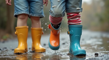 Children playing in puddles wearing colorful rain boots, joyful expression