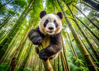 Obraz premium Clumsy Panda Descent: Panoramic Photo of Giant Panda Climbing Down Tree
