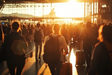 Crowded airport terminal at sunset, passengers with luggage walking. (2)
