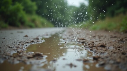 Close-up of muddy puddles with raindrops splashing