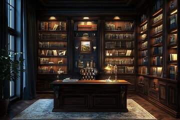 A lavish study with rich wooden bookshelves, a large desk, and a comfortable leather chair. The room exudes luxury and sophistication.