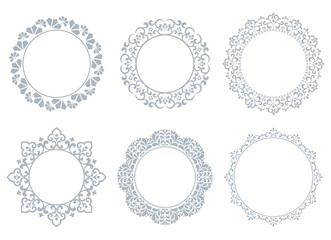 Set of decorative frames Elegant vector element for design in Eastern style, place for text. Floral gray and white borders. Lace illustration for invitations and greeting cards