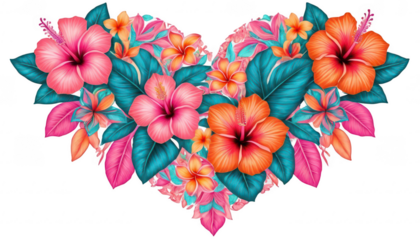 A tropical floral heart mandala with vibrant, bold flowers like hibiscus and plumeria in electric pink, orange, and teal, forming a captivating, symmetrical pattern, on a white transparent background 