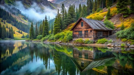Fototapeta premium Colorado Mountain Lake Urban Exploration: Abandoned Cabin Reflection