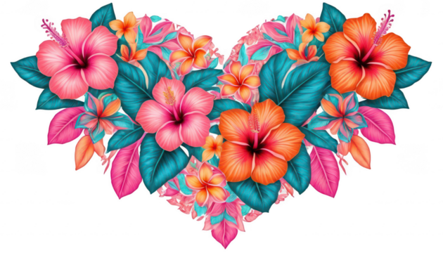 A tropical floral heart mandala with vibrant, bold flowers like hibiscus and plumeria in electric pink, orange, and teal, forming a captivating, symmetrical pattern, on a white transparent background 
