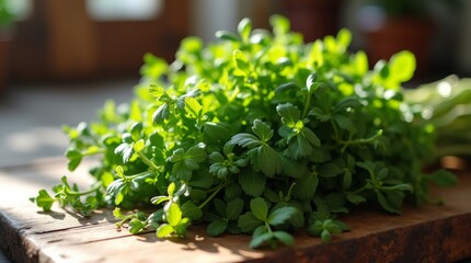 Obraz premium Fresh herbs bundle on a rustic kitchen counter with sunlight casting soft shadows, creating a warm and natural atmosphere.